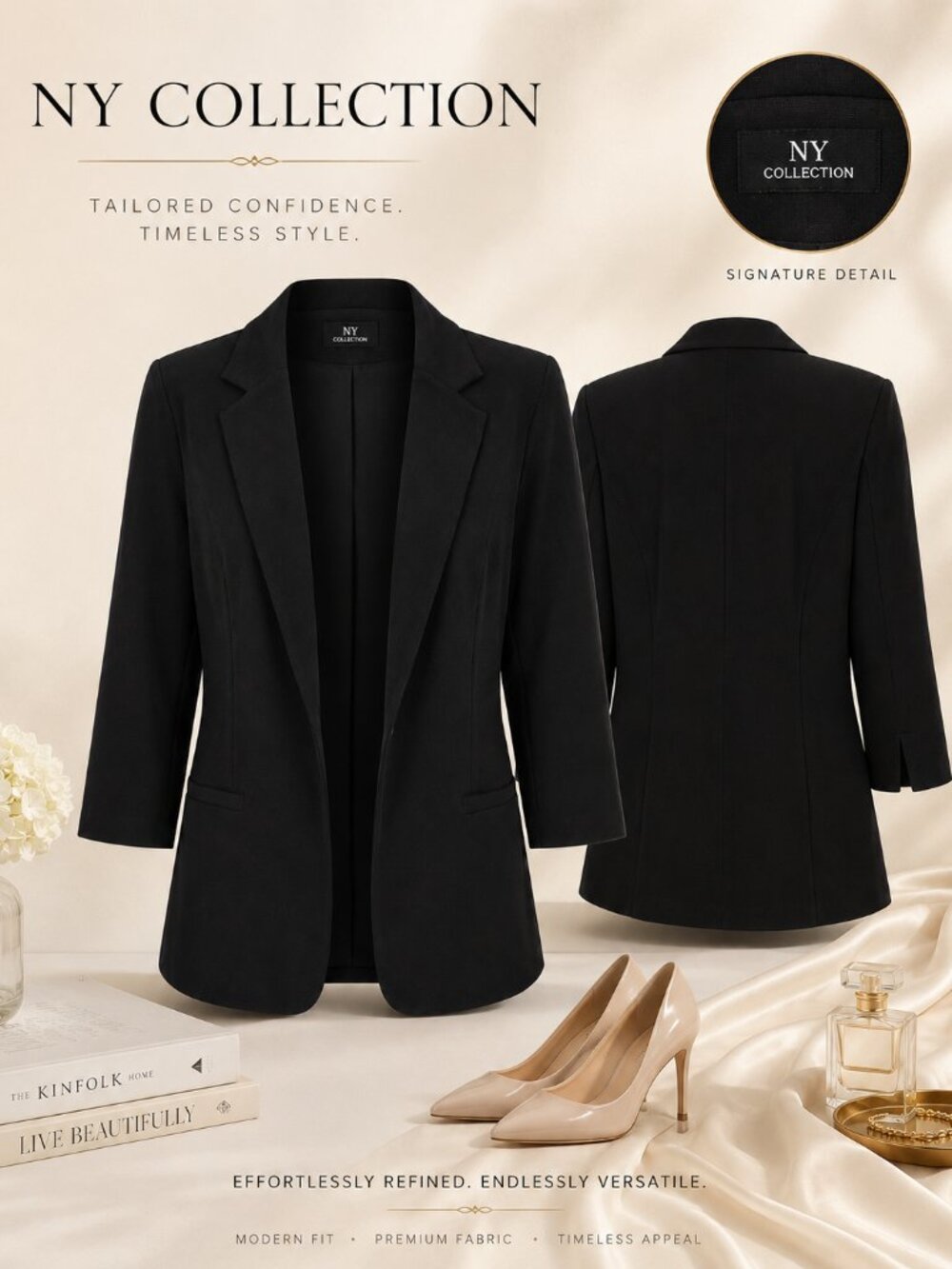 NY Collection Petite Black Open Front 3/4 Sleeve Blazer PM NWT